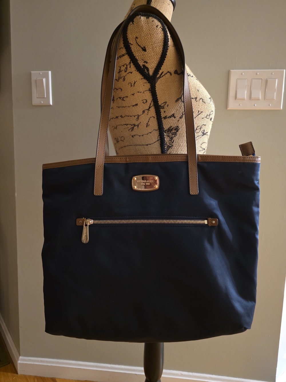 Michael Kors Navy and Brown Leather-Trim Tote
